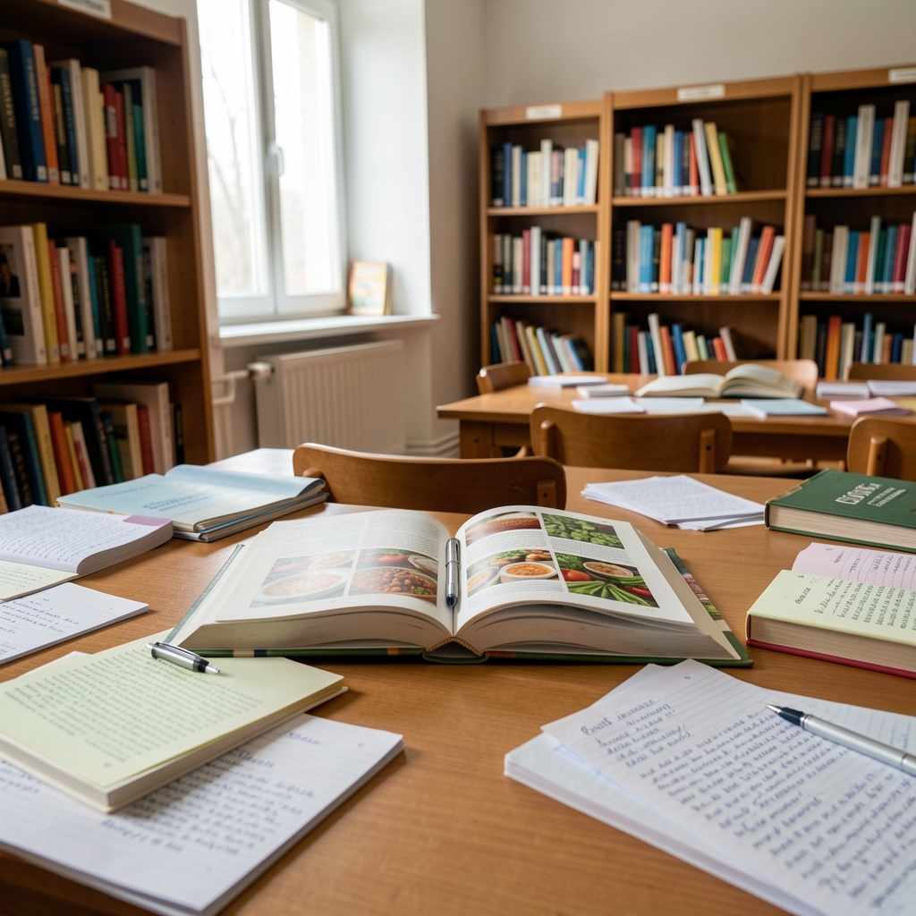 Prostrani sto u biblioteci sa otvorenim knjigama o ishrani i hranjivim materijama, beleške rasute okolo, mirna atmosfera istraživanja i čitanja
