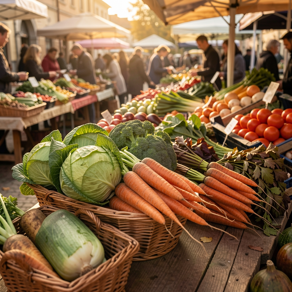 Koš s povrćem iz jesenje berbe na farmerskoj pijaci, bundeva, mrkva i kelj raspoređeni na drvenoj površini, tople boje jesenjeg svetla