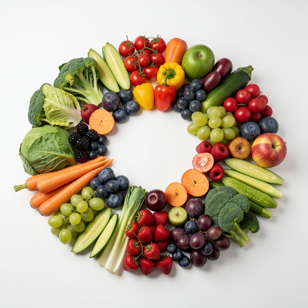 Raznovrsno povrće i voće raspoređeno u obliku kružne kompozicije na beloj podlozi, prikaz različitih boja i tekstura namirnica, čisto studio svetlo