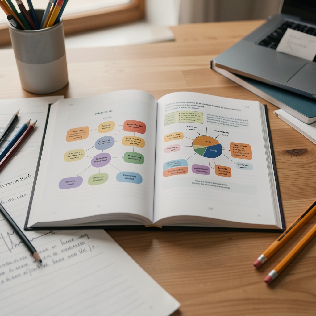 Naučna knjiga o nutricionizmu otvorena na stranici s dijagramima makronutrijenata, okružena beleškama i olovkama na radnom stolu