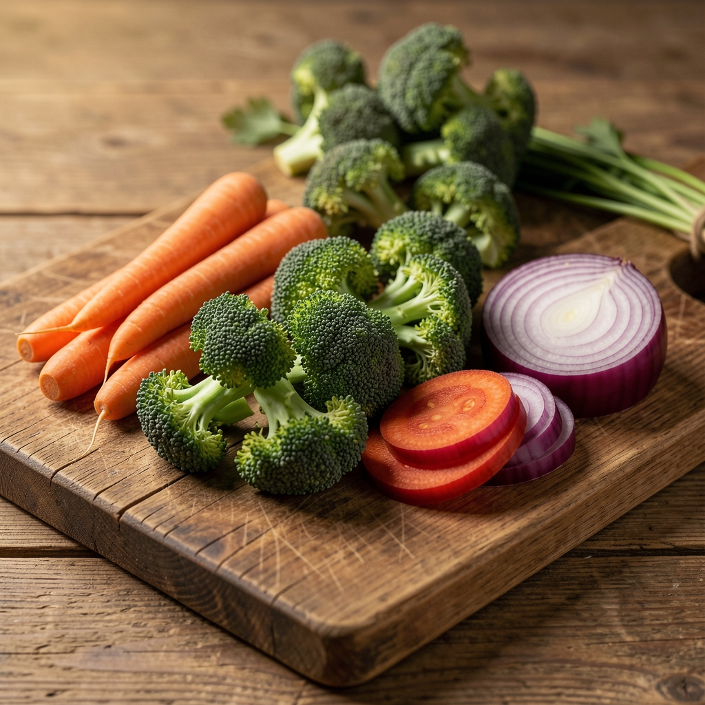 Niz raznolikog povrća poređanog po bojama na rustikalnoj drvenoj dasci za sečenje, mrkva, brokoli i crveni luk pod prirodnim svetlom